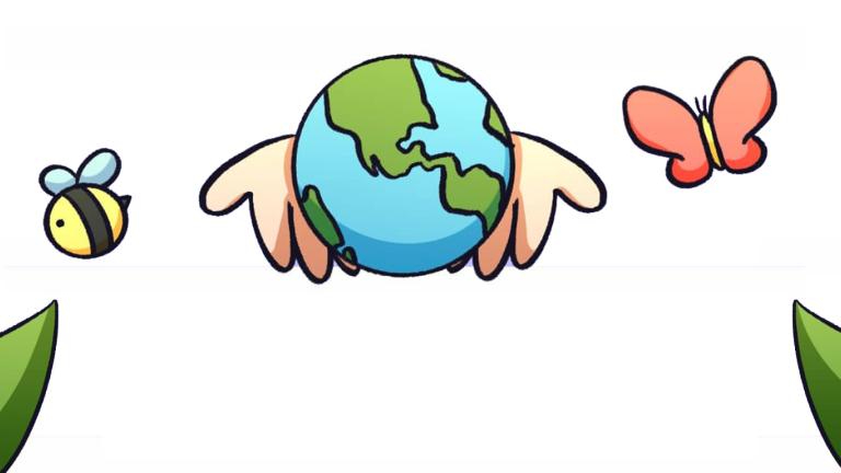 Imagen con el dibujo del planeta tierra, una abeja, una mariposa y 2 plantas.